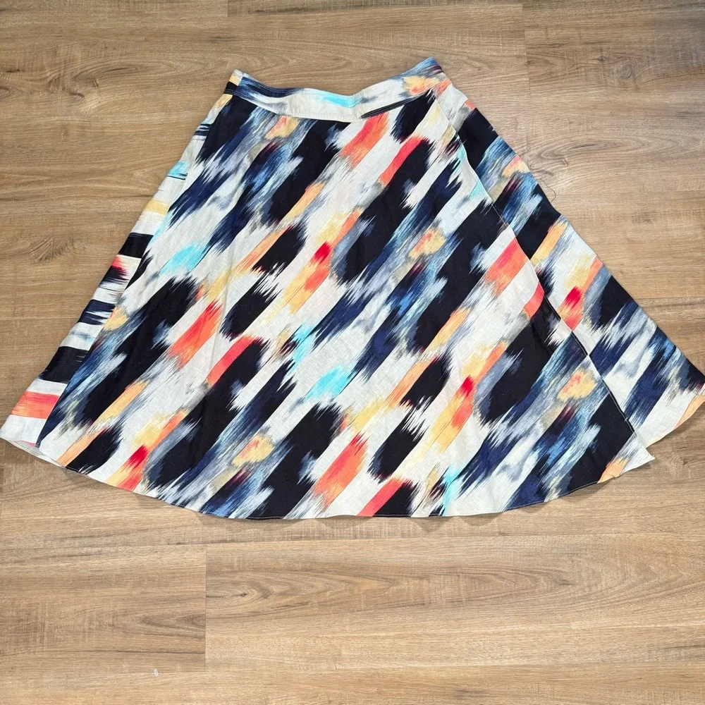 DKNY 100% Linen Paintbrush Strokes Midi Skirt Faux Wrap A Line Artsy 12 - Picture 3 of 10